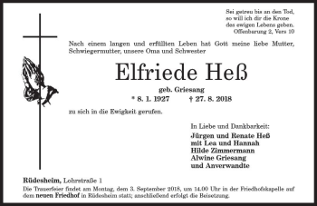 Traueranzeige von Elfriede Heß von vrm-trauer