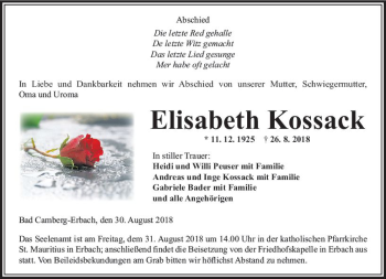Traueranzeige von Elisabeth Kossack von  Camberger Anzeiger