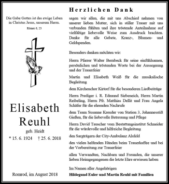 Traueranzeige von Elisabeth Reuhl von VRM Trauer