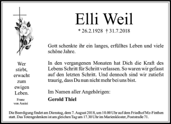 Traueranzeige von Elli Weil von vrm-trauer