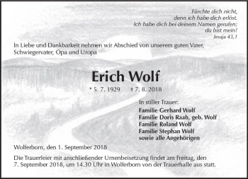 Traueranzeige von Erich Wolf von  Kreisanzeiger