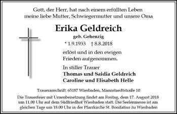 Traueranzeige von Erika Geldreich von vrm-trauer