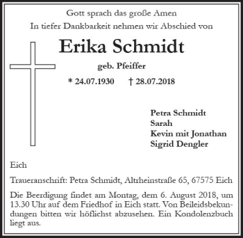 Traueranzeige von Erika Schmidt von vrm-trauer