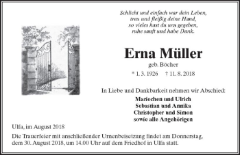 Traueranzeige von Erna Müller von  Kreisanzeiger
