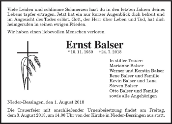 Traueranzeige von Ernst Balser von  Gießener Anzeiger