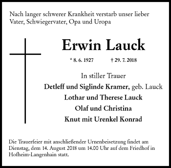 Traueranzeige von Erwin Lauck von vrm-trauer