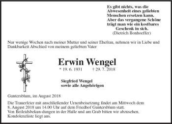 Traueranzeige von Erwin Wengel von vrm-trauer