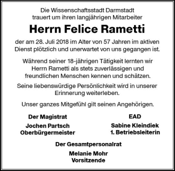 Traueranzeige von Felice Rametti von vrm-trauer