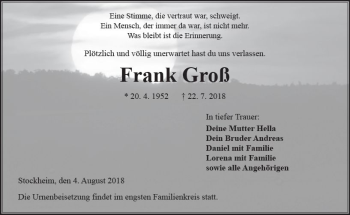 Traueranzeige von Frank Groß von  Kreisanzeiger