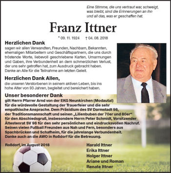 Traueranzeige von Franz Ittner von vrm-trauer