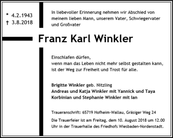 Traueranzeige von Franz-Karl Winkler von vrm-trauer