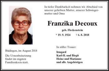 Traueranzeige von Franzika Decoux von  Kreisanzeiger