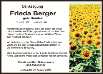 Traueranzeige von Frieda Berger von vrm-trauer