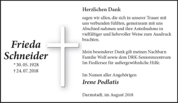 Traueranzeige von Frieda Schneider von vrm-trauer