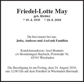 Traueranzeige von Friedel-Lotte May von vrm-trauer