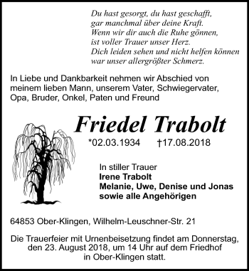 Traueranzeige von Friedel Trabolt von vrm-trauer
