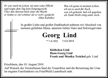 Traueranzeige von Georg Lind von VRM Trauer