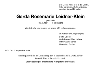 Traueranzeige von Gerda Rosemarie Leidner-Klein von  Gießener Anzeiger