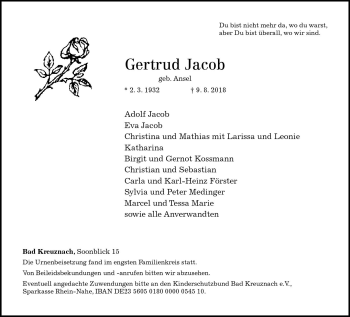 Traueranzeige von Gertrud Jacob von vrm-trauer