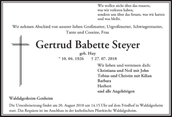 Traueranzeige von Gertrud Babette Steyer von vrm-trauer