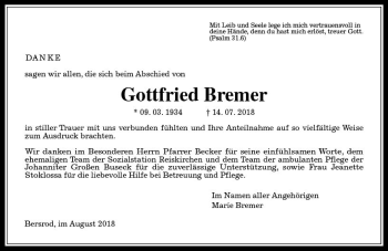 Traueranzeige von Gottfried Bremer von  Gießener Anzeiger
