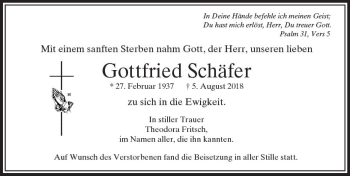 Traueranzeige von Gottfried Schäfer von  Usinger Anzeiger
