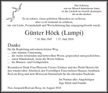 Traueranzeige von Günter Höck von  Usinger Anzeiger