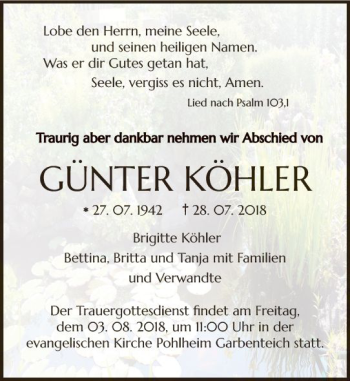 Traueranzeige von Günter Köhler von  Gießener Anzeiger
