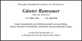 Traueranzeige von Günter Ramsauer von vrm-trauer