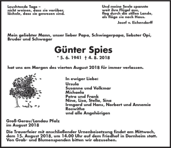 Traueranzeige von Günter Spies von vrm-trauer
