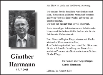 Traueranzeige von Günther Harmann von  Kreisanzeiger