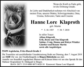 Traueranzeige von Hanne Lore Klaproth von vrm-trauer