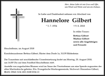 Traueranzeige von Hannelore Gilbert von  Gießener Anzeiger