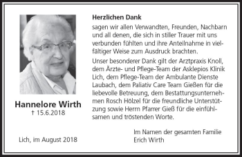 Traueranzeige von Hannelore Wirth von  Gießener Anzeiger