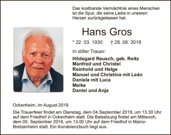 Traueranzeige von Hans Gros von vrm-trauer