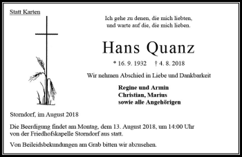 Traueranzeige von Hans Quanz von VRM Trauer