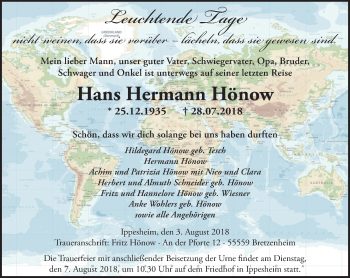 Traueranzeige von Hans Hermann Hönow von vrm-trauer
