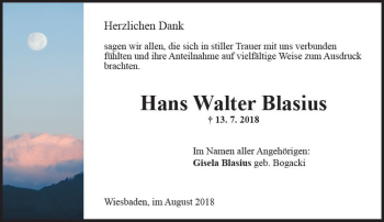 Traueranzeige von Hans Walter Blasius von vrm-trauer