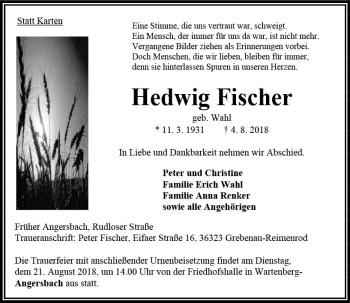 Traueranzeige von Hedwig Fischer von VRM Trauer