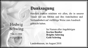 Traueranzeige von Hedwig Schwing von VRM Trauer