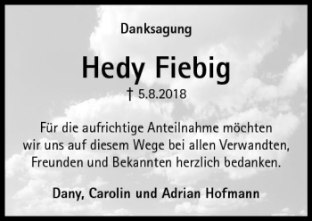 Traueranzeige von Hedy Fiebig von  Camberger Anzeiger