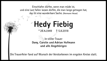 Traueranzeige von Hedy Fiebig von  Camberger Anzeiger
