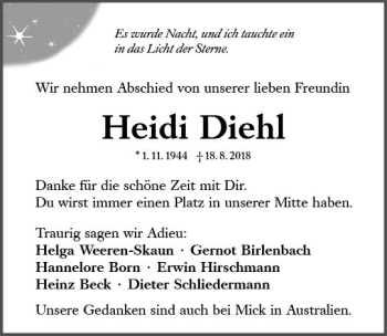 Traueranzeige von Heidi Diehl von vrm-trauer