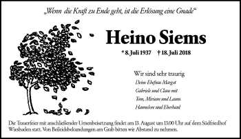 Traueranzeige von Heino Siems von vrm-trauer