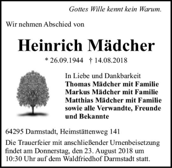 Traueranzeige von Heinrich Mädcher von vrm-trauer