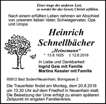 Traueranzeige von Heinrich Schnellbächer von vrm-trauer