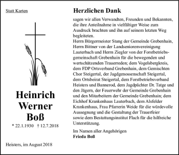 Traueranzeige von Heinrich Werner Boß von VRM Trauer