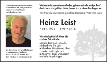 Traueranzeige von Heinz Leist von vrm-trauer