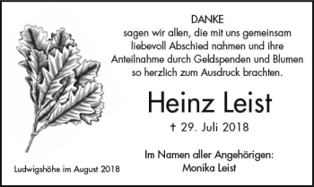 Traueranzeige von Heinz Leist von vrm-trauer
