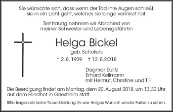 Traueranzeige von Helga Bickel von vrm-trauer